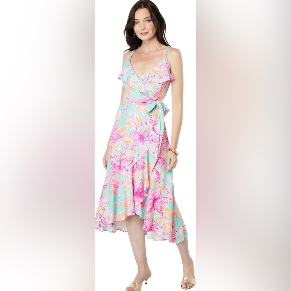 Lilly Pulitzer Fontaine Wrap Dress in Surf Blue Bonita Blooms